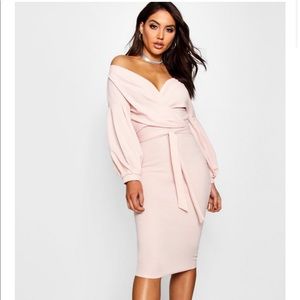 Boohoo Off The Shoulder Wrap Midi Bodycon Dress